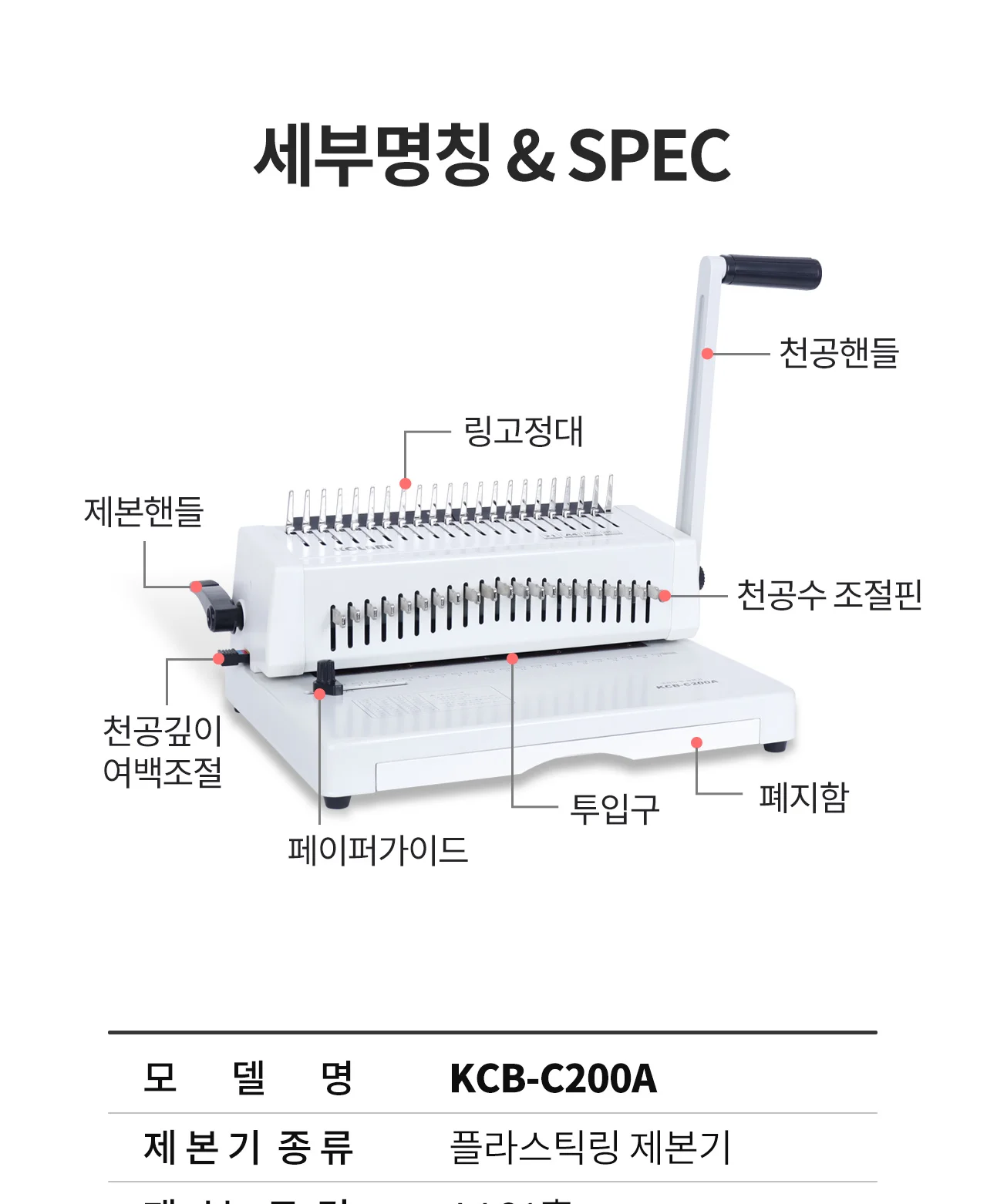 플라스틱링 제본기 KCB-C200A 상세 이미지 7
