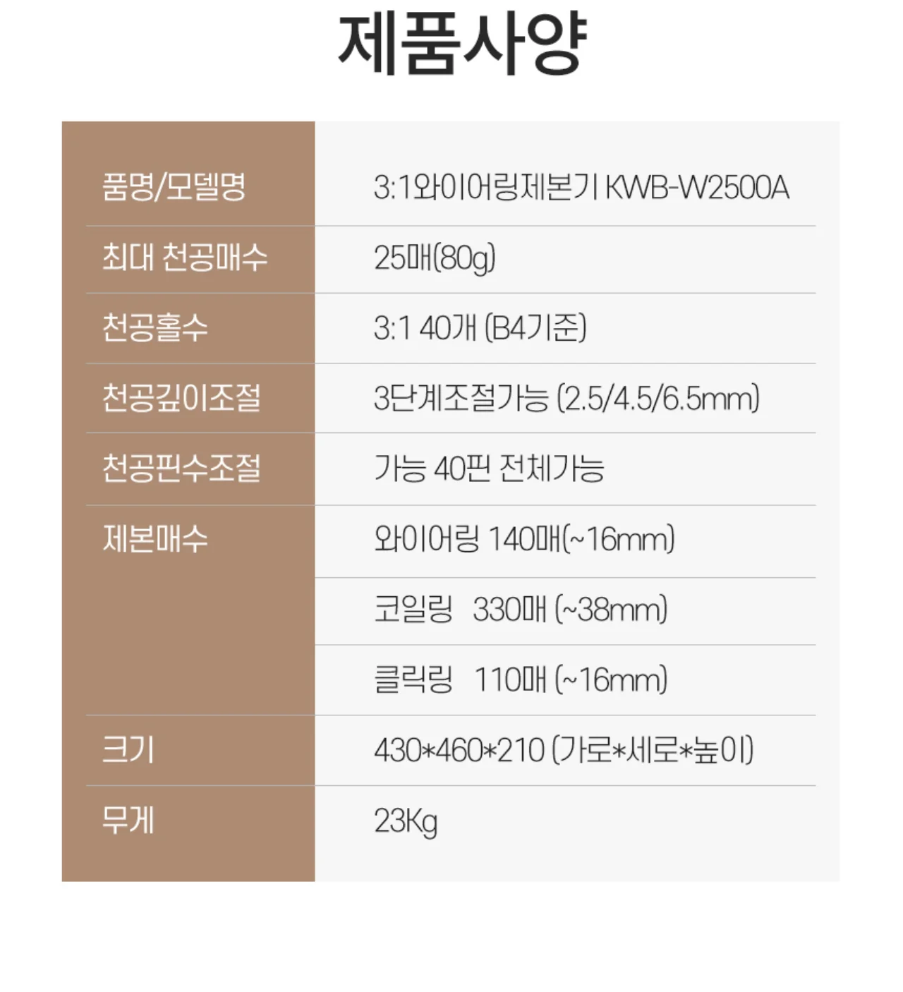 와이어링제본기 KWB-W2500A 사각천공 상세 이미지 24
