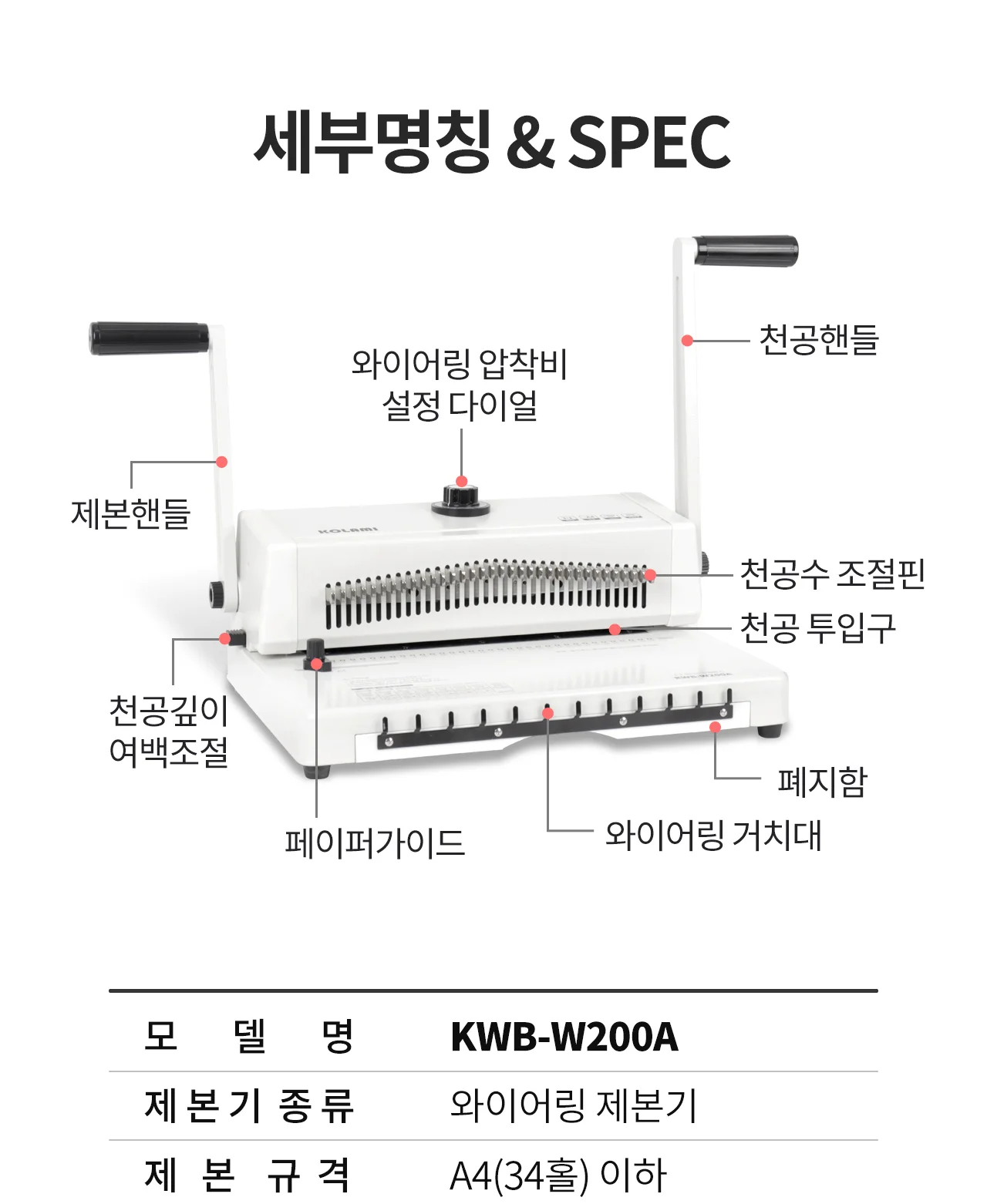 와이어링 제본기 KWB-W200A 사각천공 상세 이미지 8