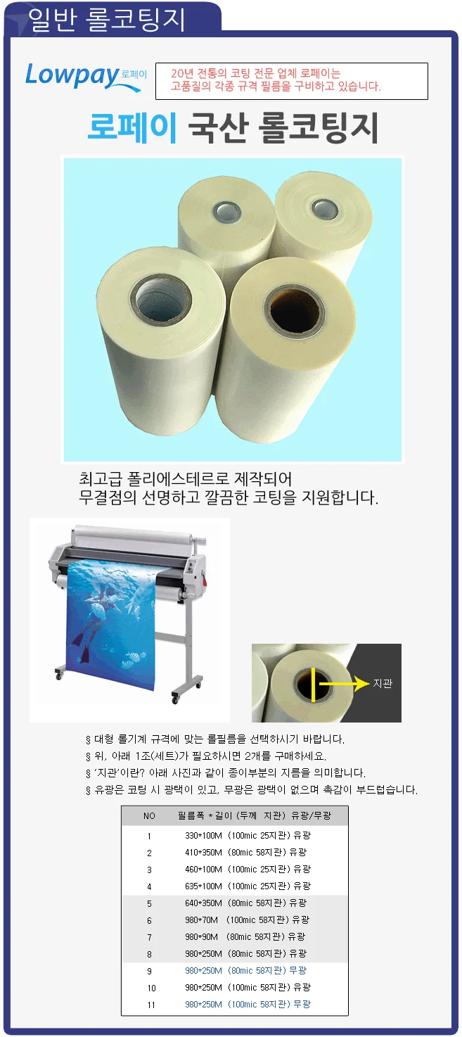 롤코팅지 980X250M(100mic 58지관) 유광 코팅기용 롤필름 고급국산코팅필 상세 이미지 3